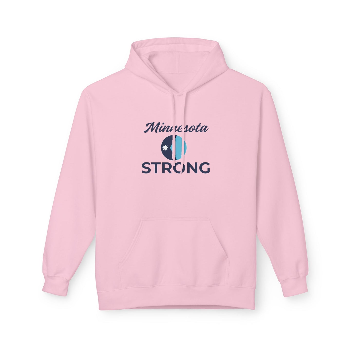 Light pink Love and Peace The Light Adult Minnesota Strong Hoodie with blue emblem and star, featuring a cozy kangaroo pocket and relaxed fit.