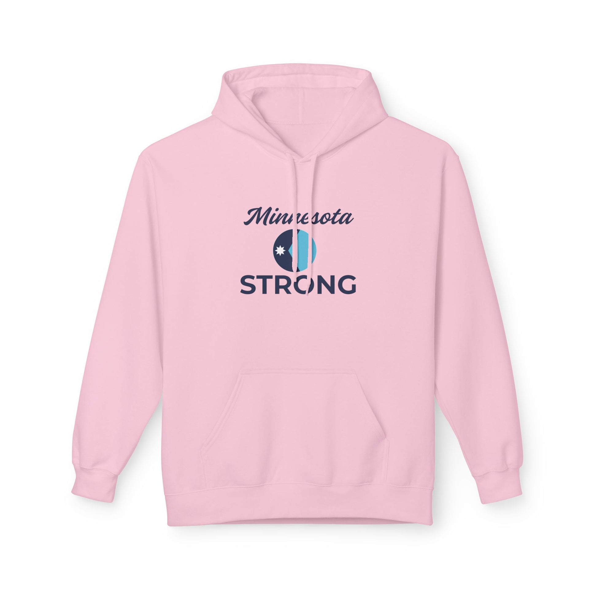 Light pink Love and Peace The Light Adult Minnesota Strong Hoodie with blue emblem and star, featuring a cozy kangaroo pocket and relaxed fit.