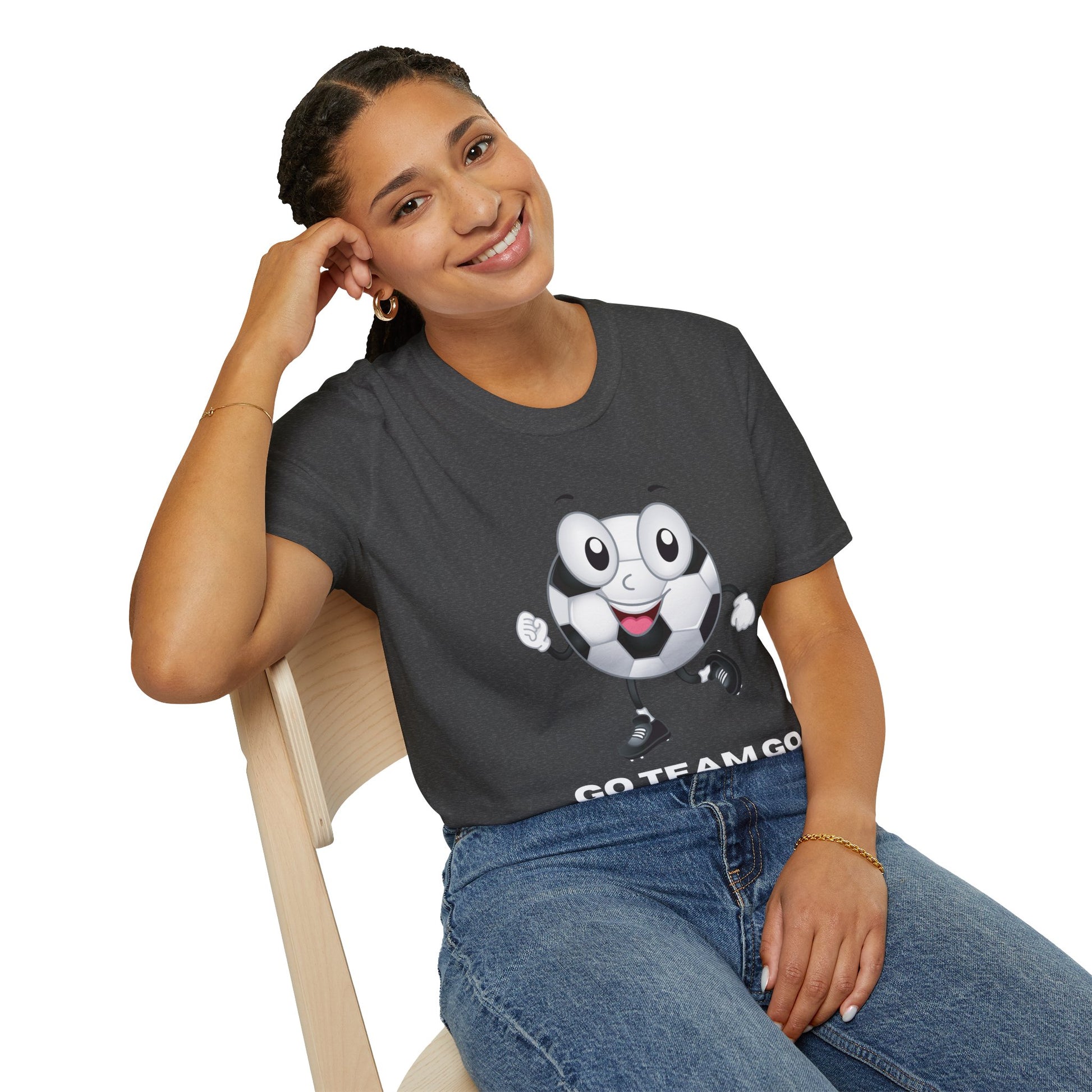 A woman smiling in a Soccer Ball Guy Team Unisex T-Shirt, showcasing soft 100% cotton fabric, twill tape shoulders, and ribbed collar for durability and comfort.