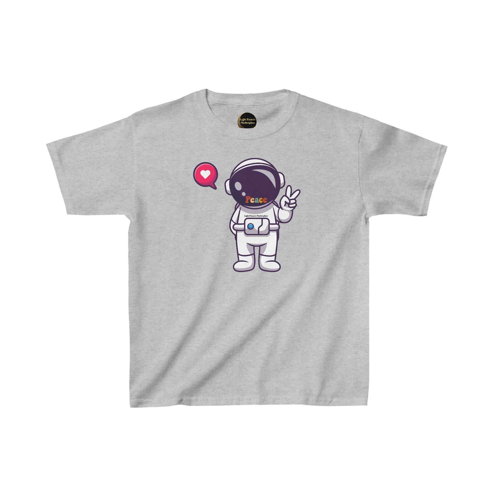 A youth t-shirt featuring a cartoon astronaut making a peace sign. Made of 100% cotton with twill tape shoulders for durability and a curl-resistant collar. Ethically produced with tear-away labels for comfort.