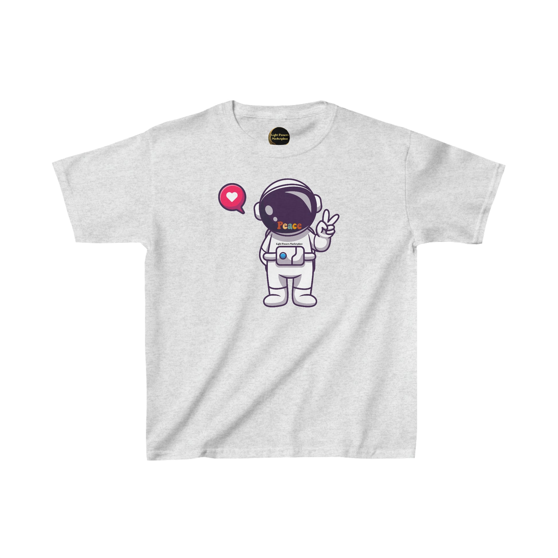 Youth white t-shirt featuring a cartoon astronaut, ideal for daily wear. Made of 100% cotton, with twill tape shoulders for durability and a curl-resistant collar. Ethically sourced US cotton.