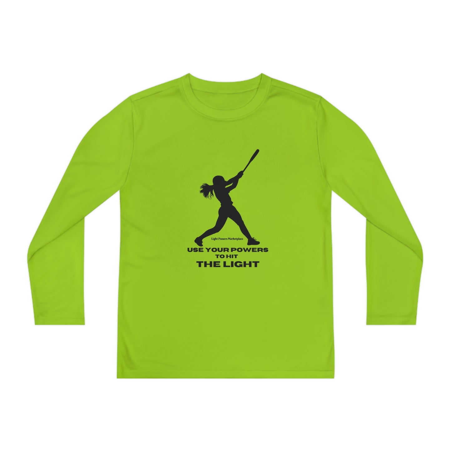 A green long-sleeved youth tee with a silhouette of a girl swinging a bat. Made of 100% moisture-wicking polyester, lightweight, and breathable for active kids.