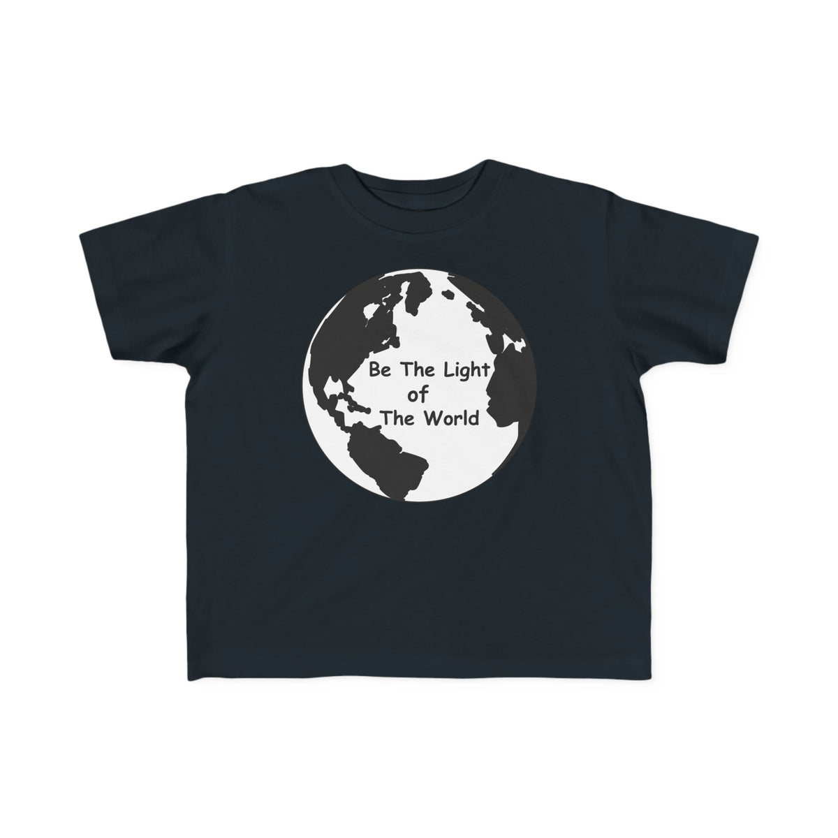 Dark navy toddler T-shirt with crew neck and globe 'Be The Light Of The World' print