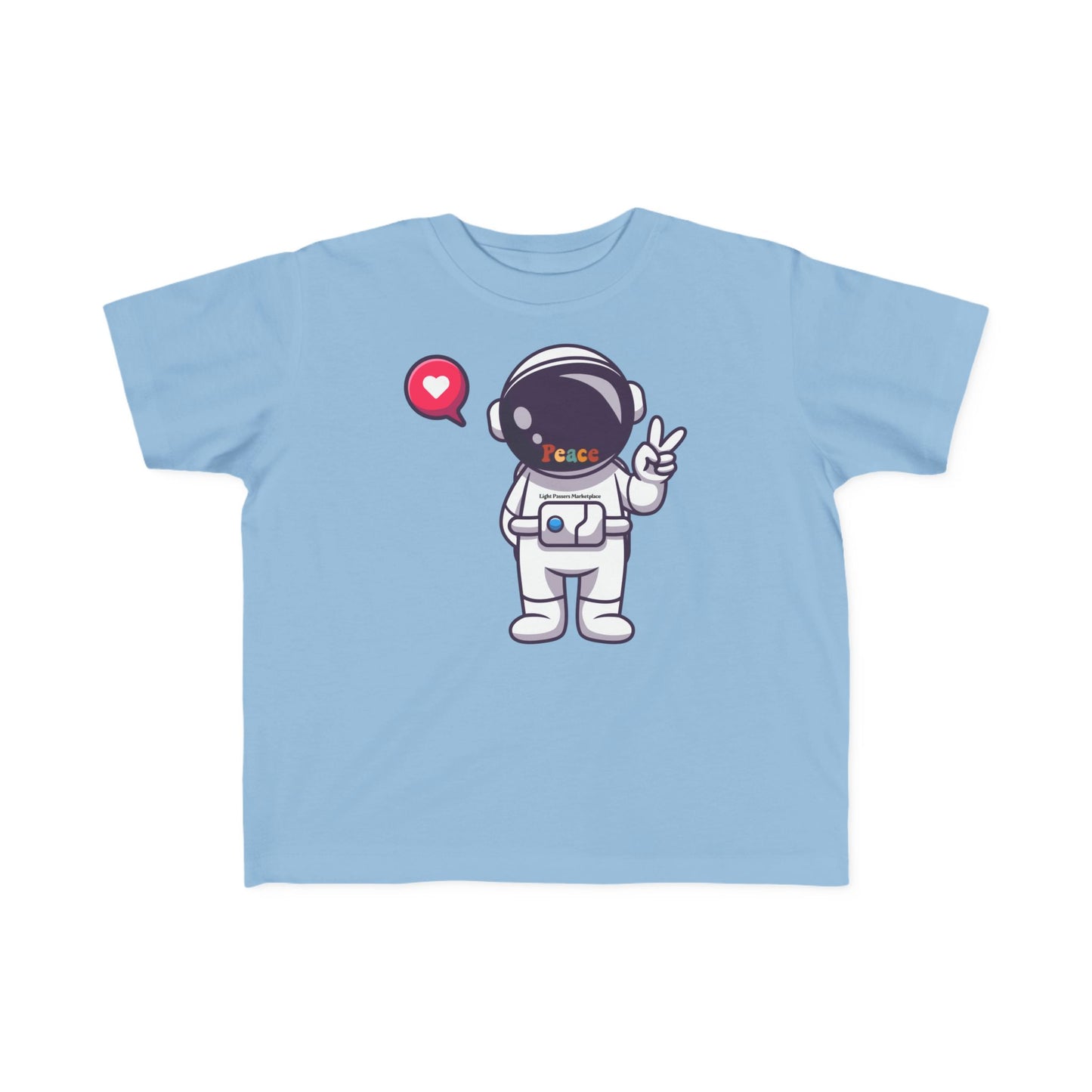 Peace Astronaut Toddler T-shirt featuring a cartoon astronaut with a peace sign and heart speech bubble, crafted for toddler comfort with soft, durable cotton.