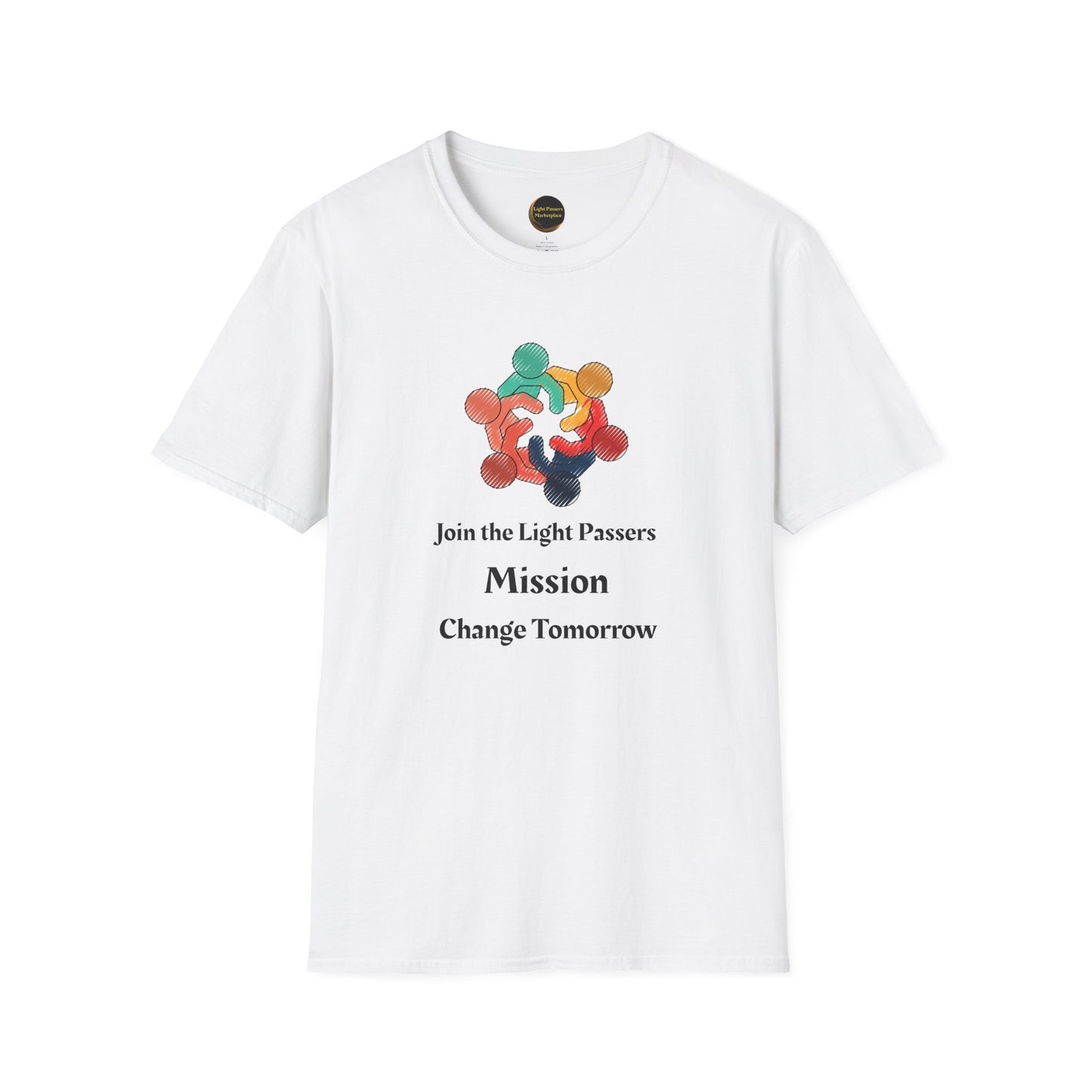 Teams Love and Peace Change Makers Unite Adult Unisex T-Shirt features multicolored figures and inspiring text, embodying unity and positive change. Perfect for socially conscious individuals.