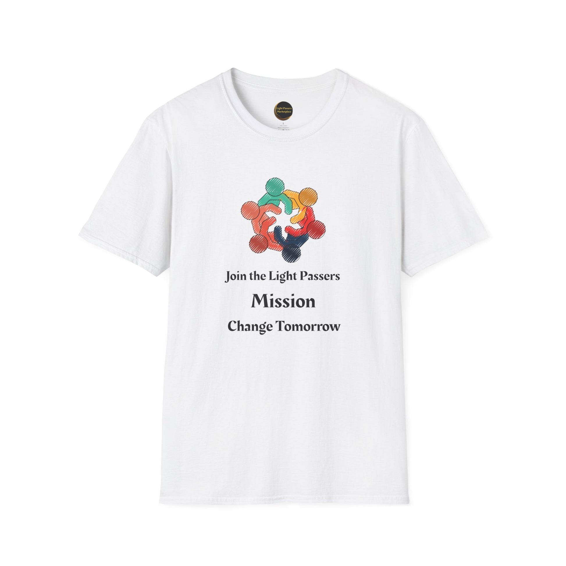 Teams Love and Peace Change Makers Unite Adult Unisex T-Shirt features multicolored figures and inspiring text, embodying unity and positive change. Perfect for socially conscious individuals.