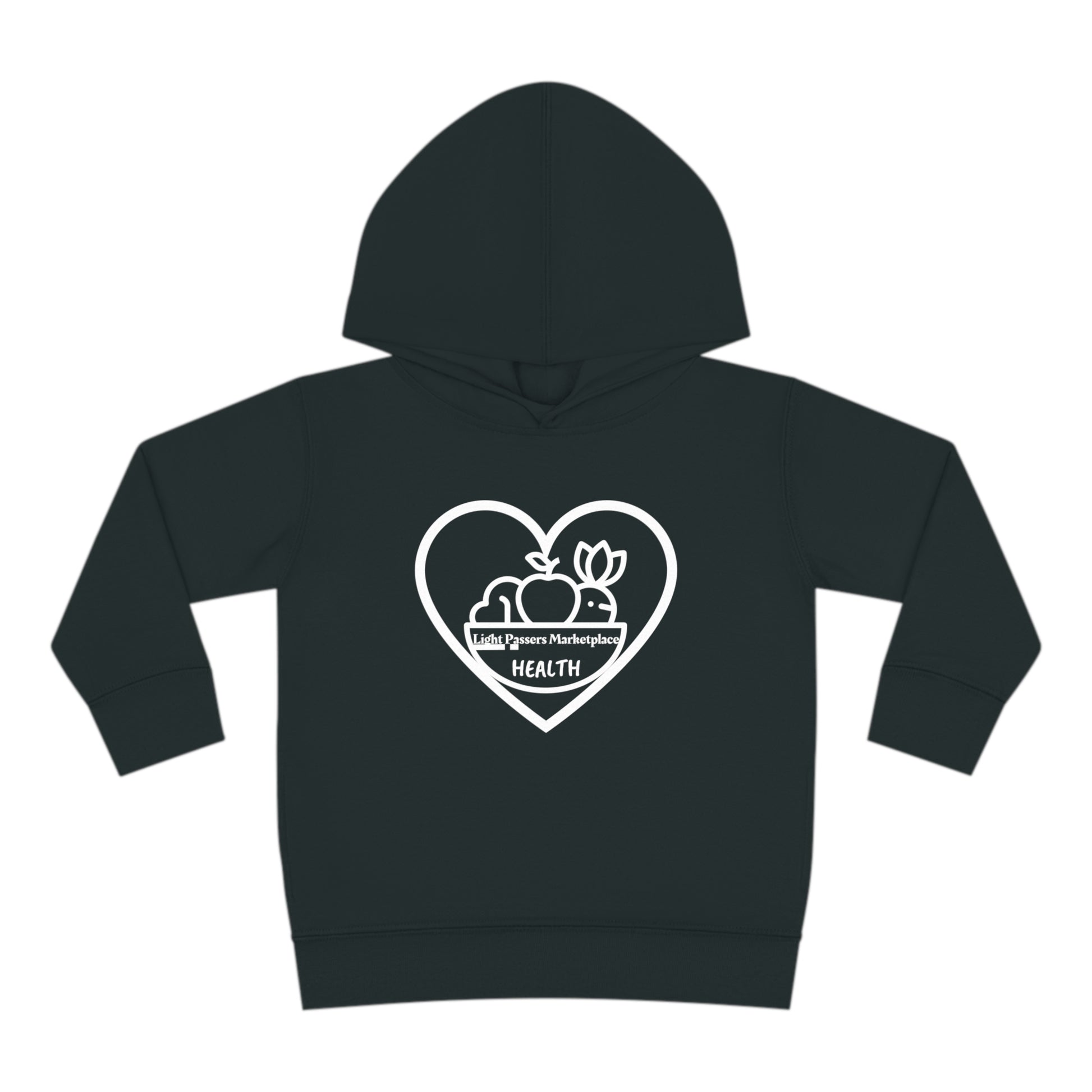Toddler hoodie with heart, apples, and fruit logo design, featuring side-seam pockets and double-needle hem hood for durability and comfort. Made of 60% cotton, 40% polyester blend.
