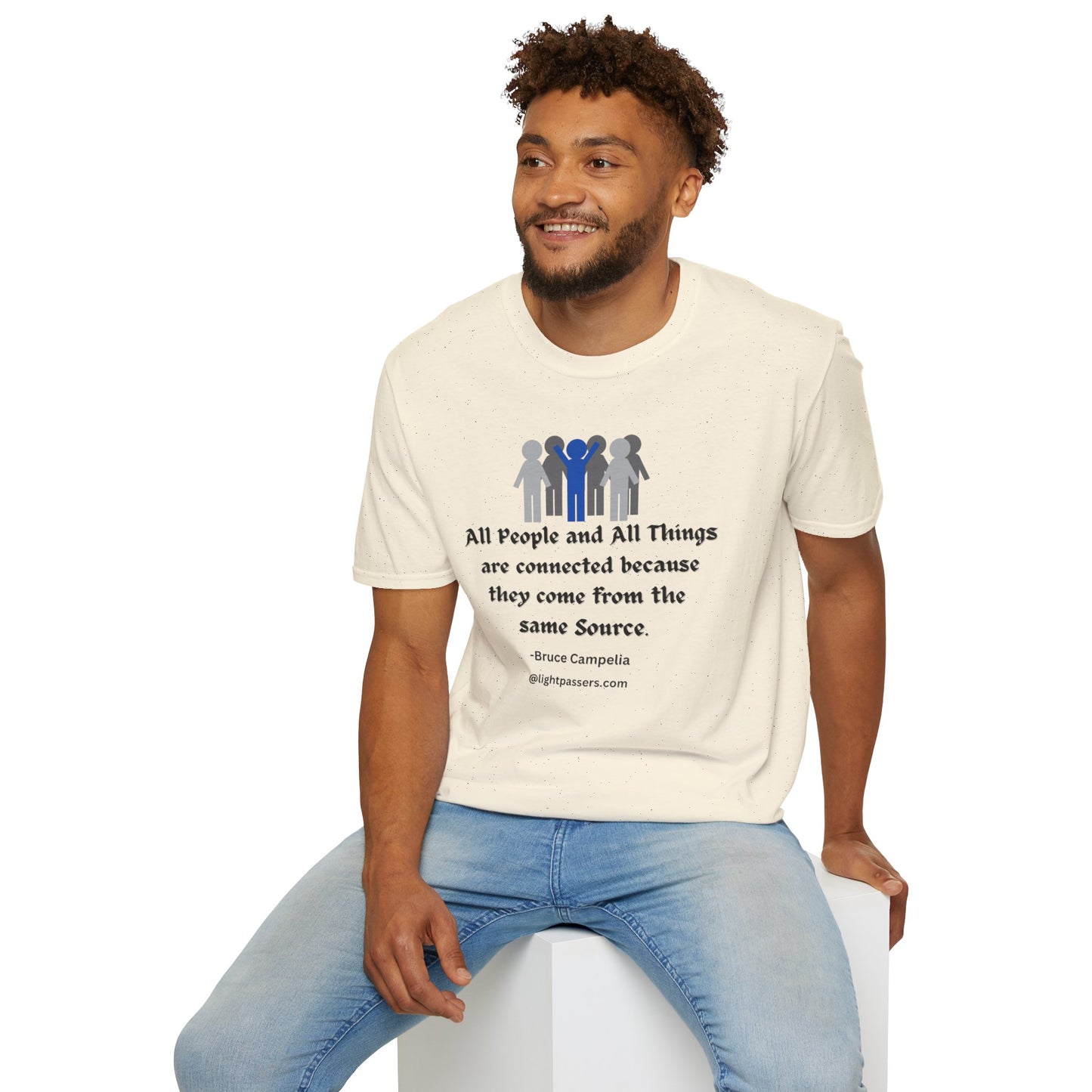 A man in a white shirt with a quote sits on a cube, showcasing the All People are Connected Gray and blue design Unisex T-shirt. Classic fit, 100% cotton, tear-away label.