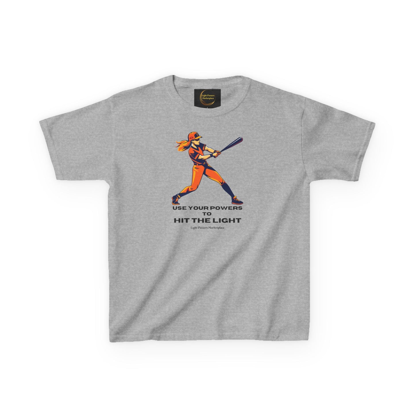 Youth T-shirt featuring a woman batter illustration with the text USE YOUR POWERS TO HIT THE LIGHT, from Light Passers Marketplace, highlighting inspiration and durability.