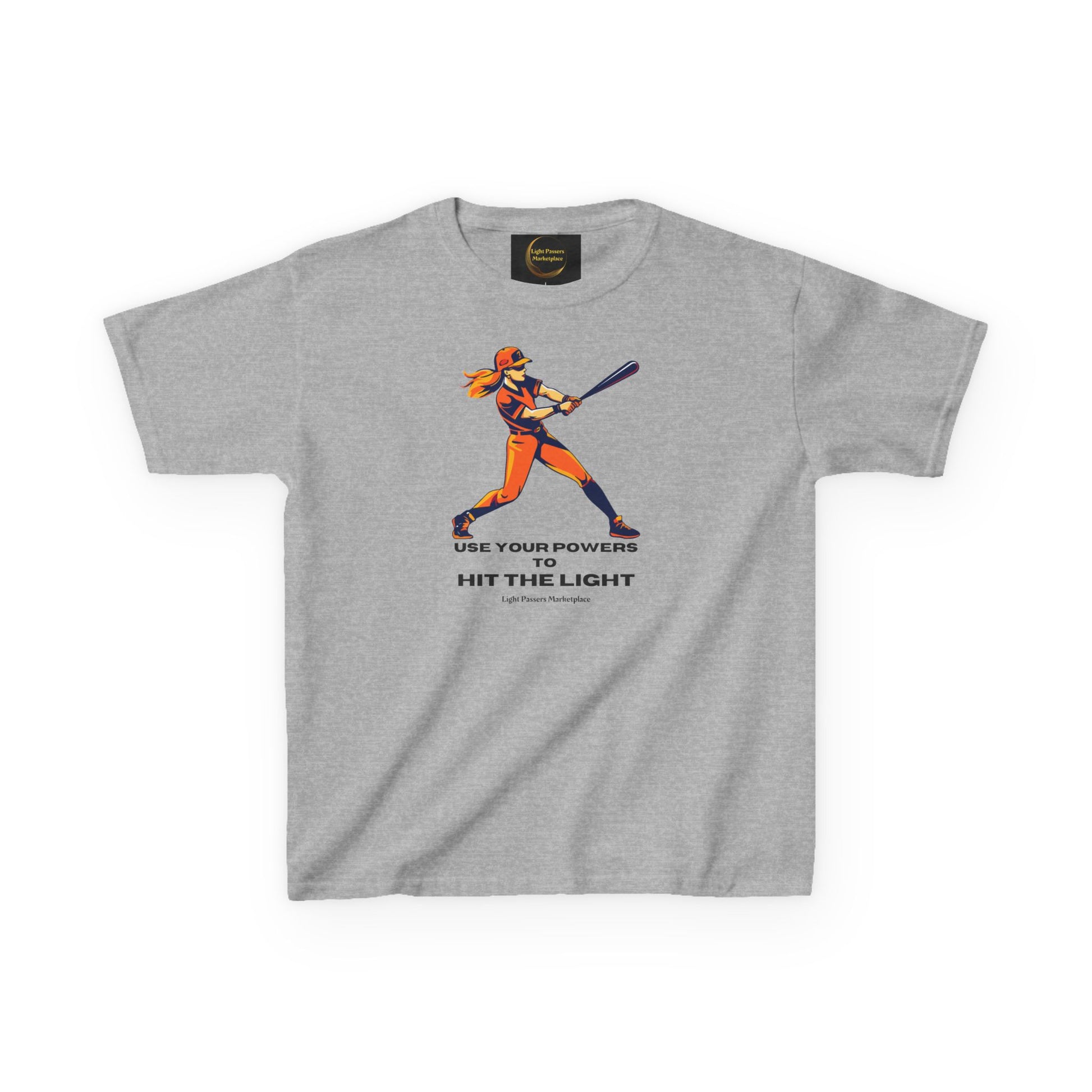 Youth T-shirt featuring a woman batter illustration with the text USE YOUR POWERS TO HIT THE LIGHT, from Light Passers Marketplace, highlighting inspiration and durability.
