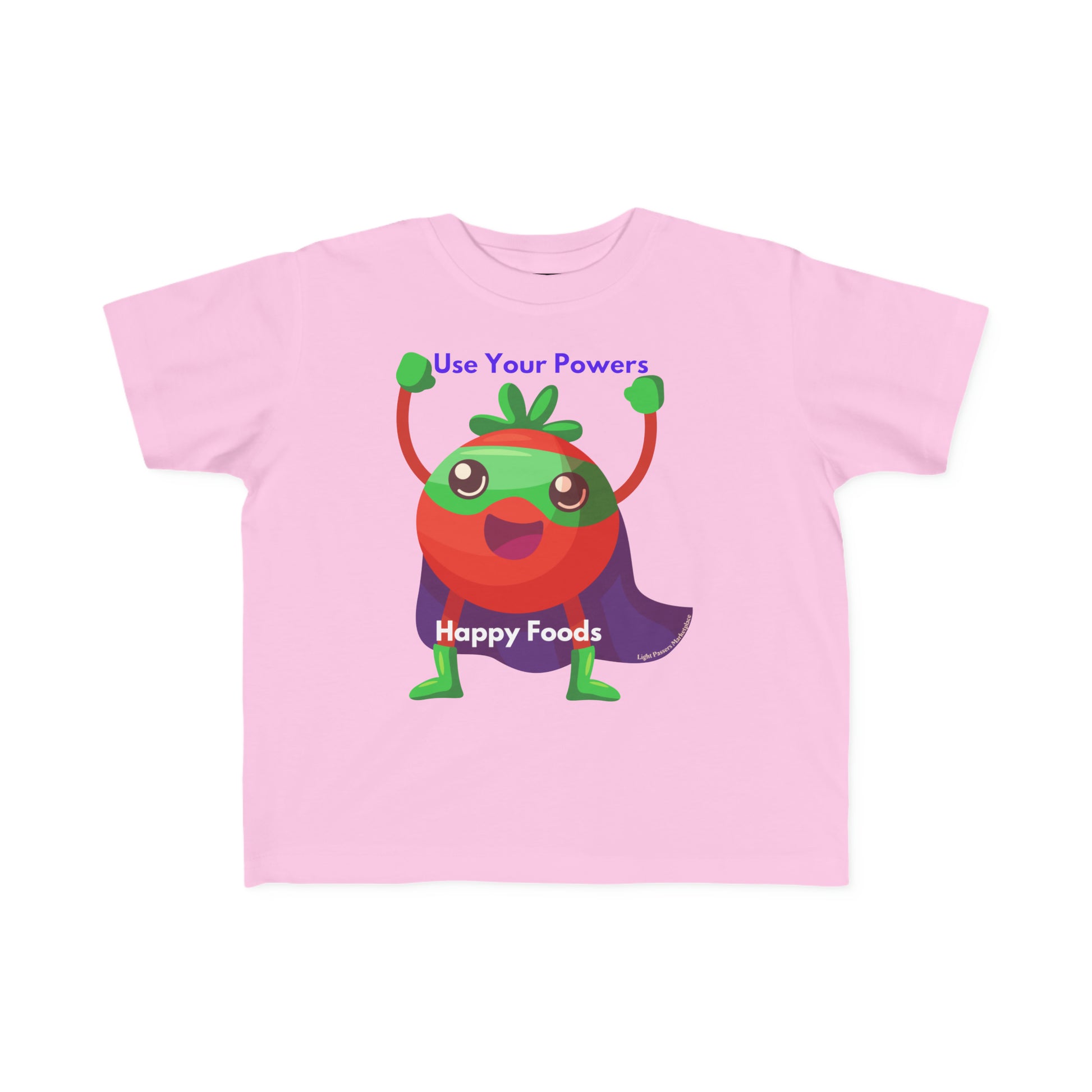 A toddler t-shirt featuring a cartoon tomato superhero design. Made of 100% soft, durable cotton with a high-quality print. Ideal for sensitive skin, with a tear-away label and classic fit.