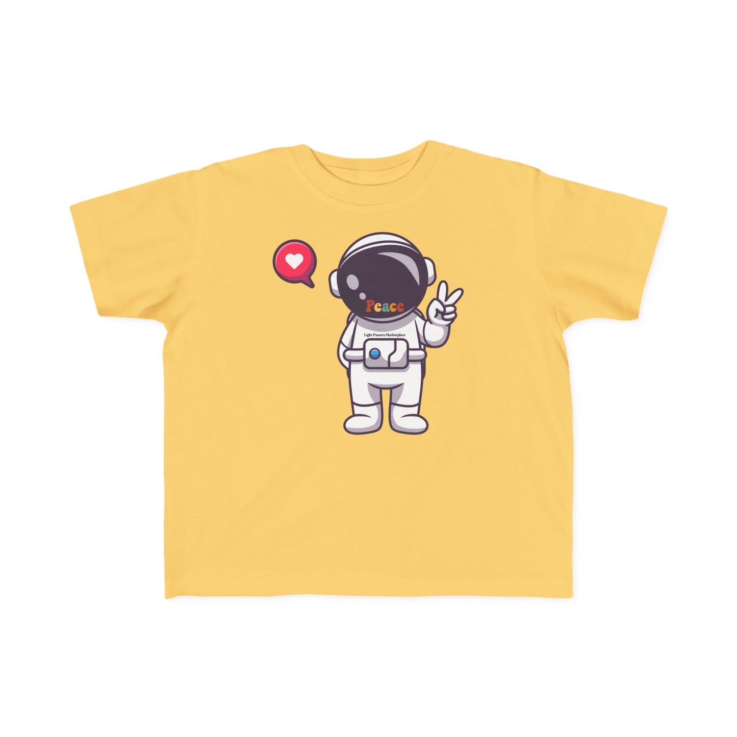Peace Astronaut Toddler T-shirt featuring a cartoon astronaut with Peace on its visor, holding a peace sign, perfect for sensitive skin.