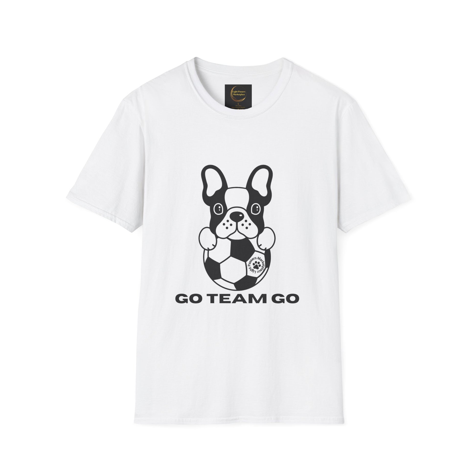 A white unisex t-shirt featuring a dog with a soccer ball logo. Made of soft 100% ring-spun cotton, with twill tape shoulders for durability and a ribbed collar. Certified by Oeko-Tex for safety.