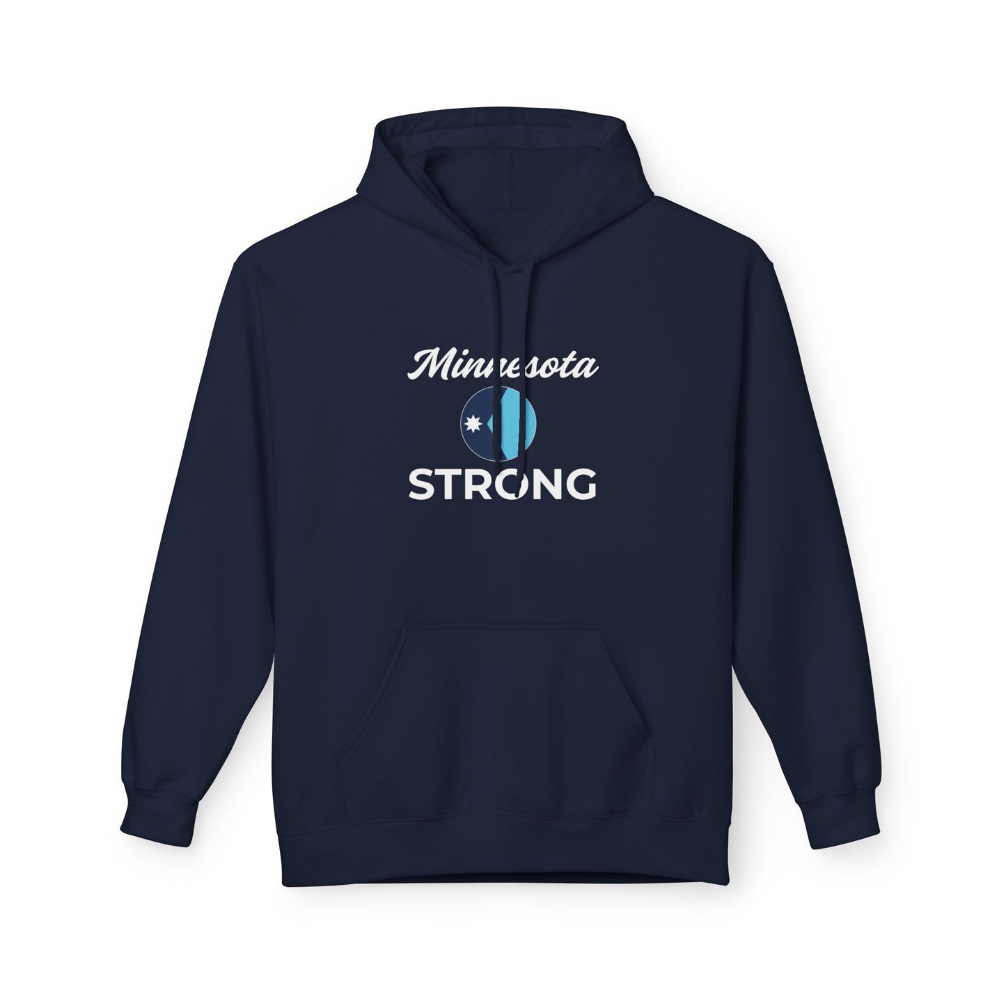 Dark-navy pullover hoodie with Minnesota Strong graphic, featuring a star-adorned two-tone emblem, drawstring hood, kangaroo pocket, and ribbed cuffs, from Light Passers Marketplace.