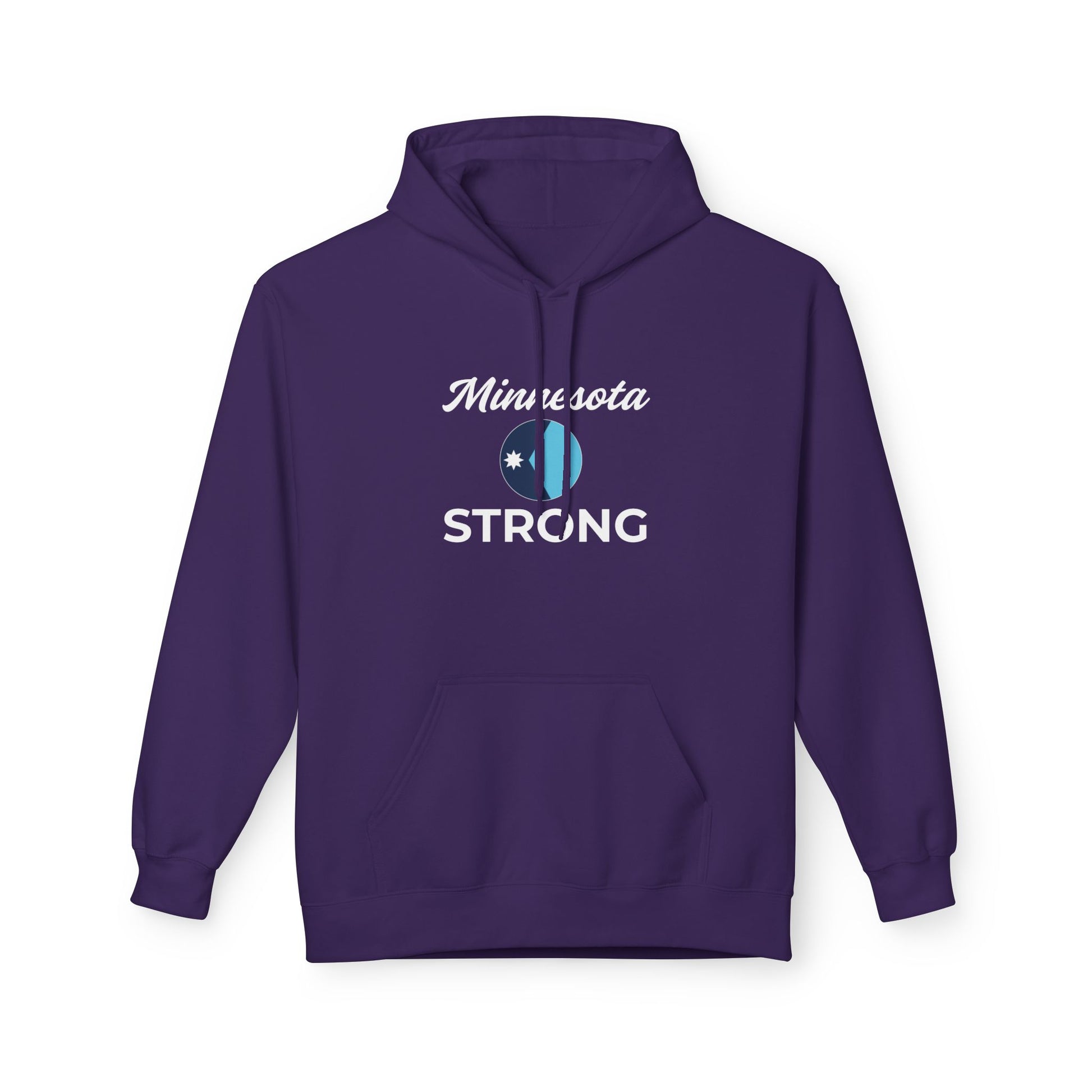 Purple hoodie with Minnesota Strong graphic, kangaroo pocket, and drawstring hood. Cozy midweight fleece, embodying community spirit. Part of Love and Peace collection at Light Passers Marketplace.