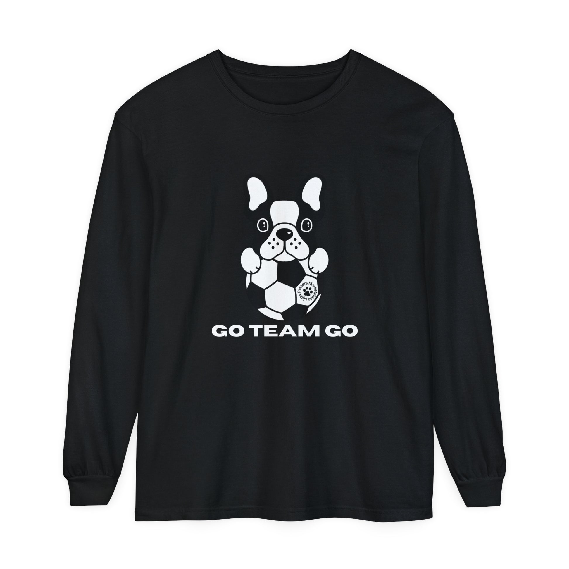 Teams Soccer Dog Adult Unisex Garment-dyed Long Sleeve shirt featuring a dog with a football. Made from soft 100% ring-spun cotton for a relaxed fit.