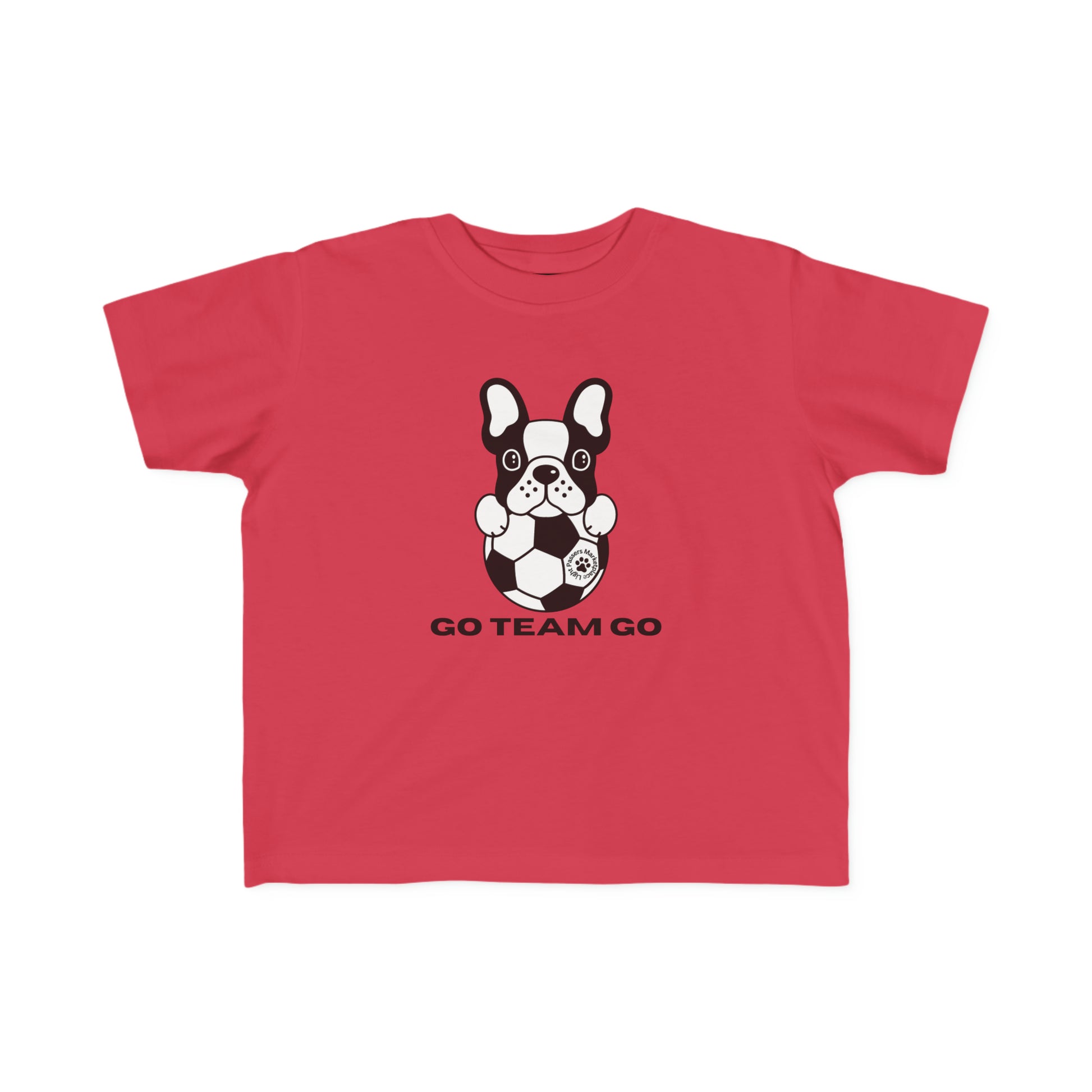 A toddler's Soccer Dog Go Team Go T-shirt featuring a dog with a football. Soft, 100% cotton, durable print, perfect for first adventures. Classic fit, tear-away label, true to size.