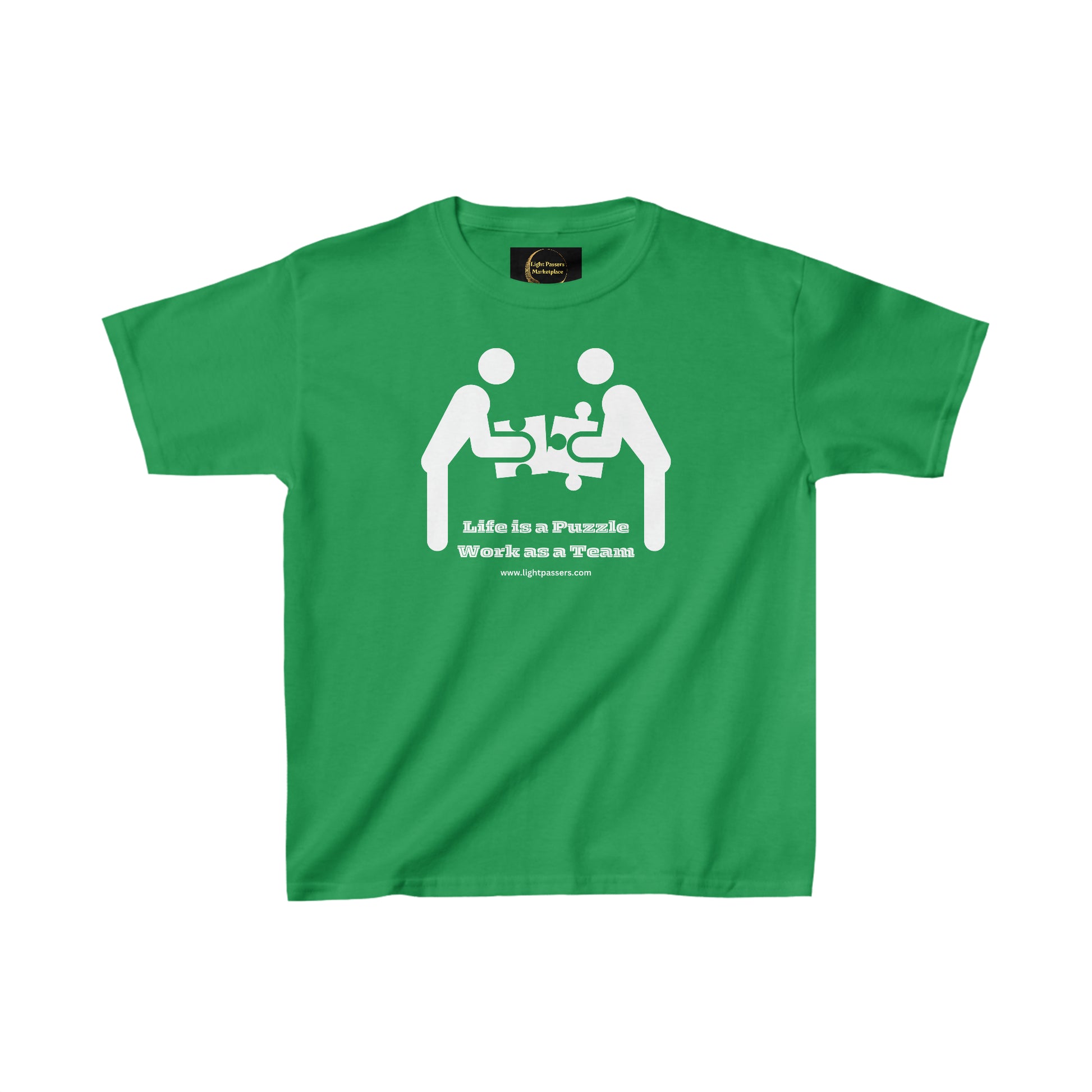 A green youth t-shirt featuring white puzzle piece design. 100% cotton, durable twill tape shoulders, curl-resistant collar, no side seams. Ideal for everyday wear.