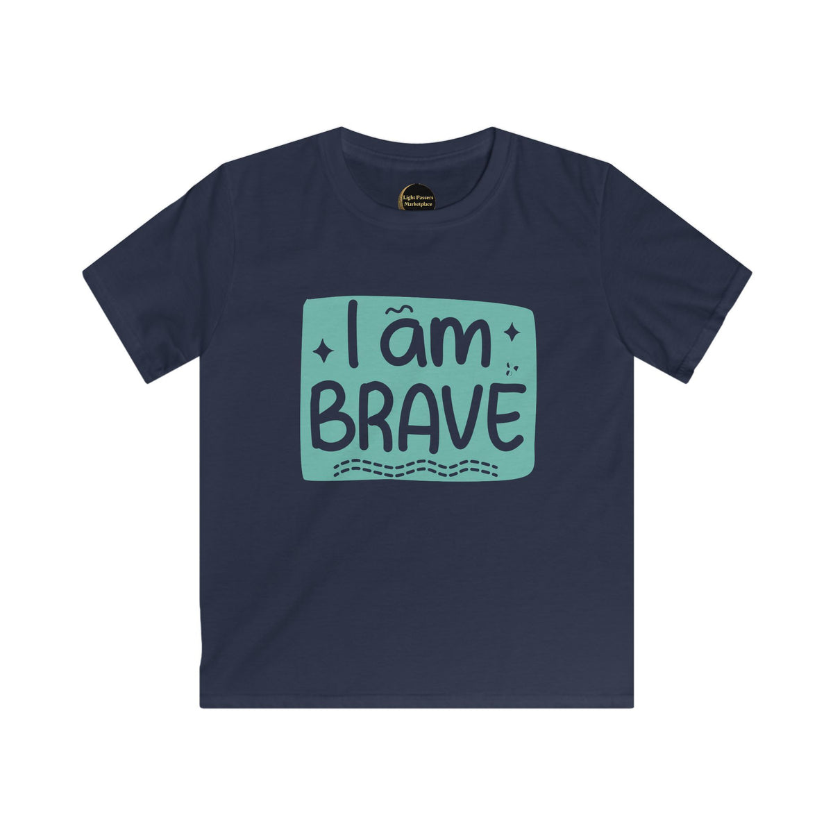 Navy kids graphic T-shirt with 'I am BRAVE' slogan and teal rectangle print
