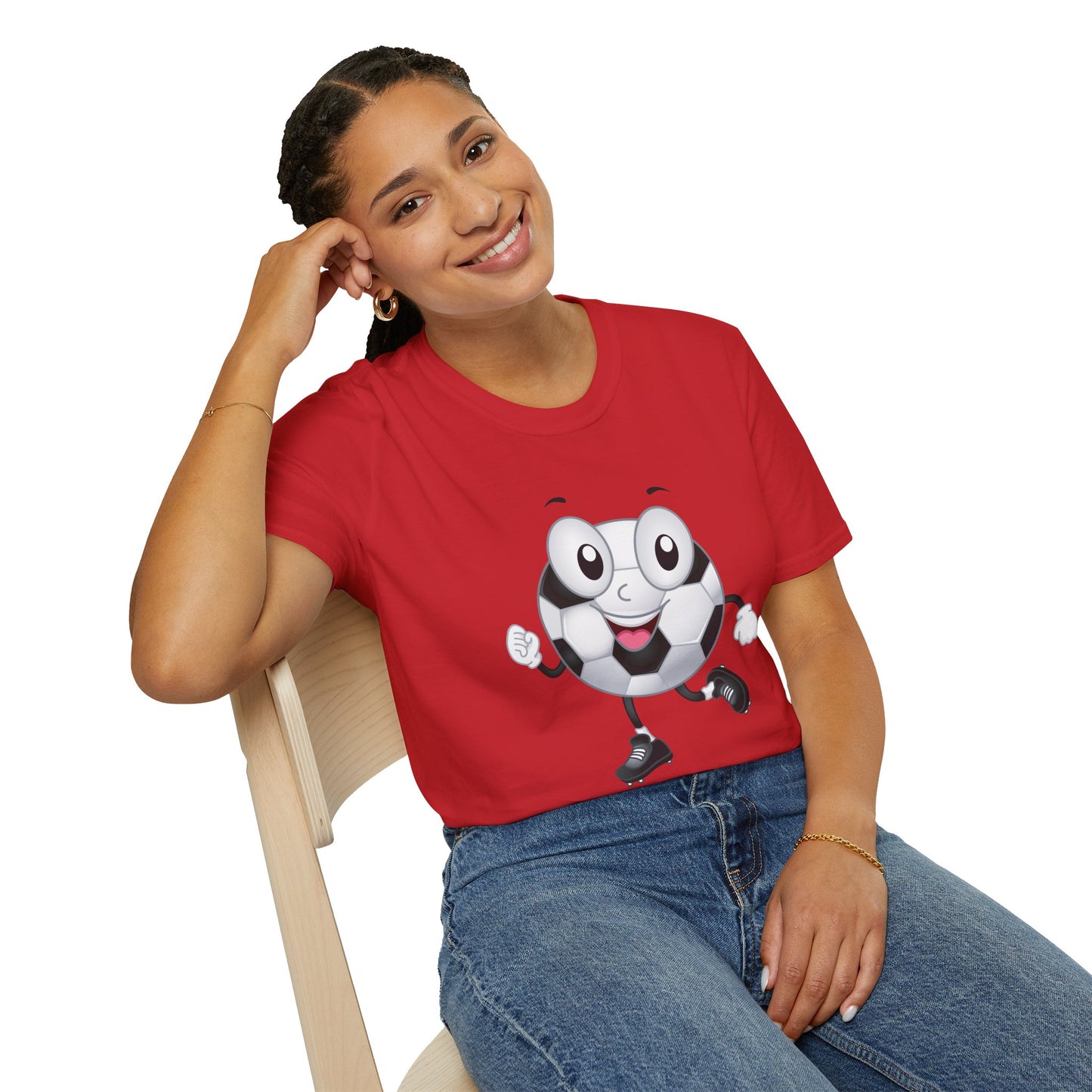 Adult Unisex Cute 'Go Team Go' Soccer T-Shirt — Soccer Ball Guy Cartoon SoccerTee (Great Gift)
