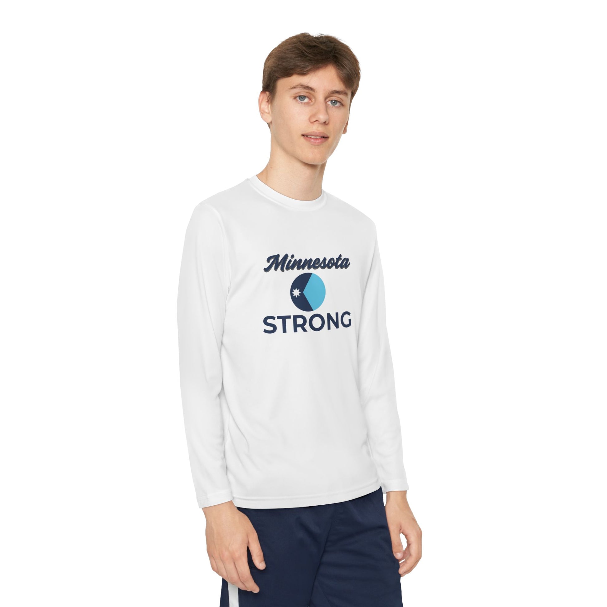 Young man in a Love and Peace The Light Youth Minnesota Strong long-sleeve tee, embodying active youth and regional pride with a bold, civic-focused design.