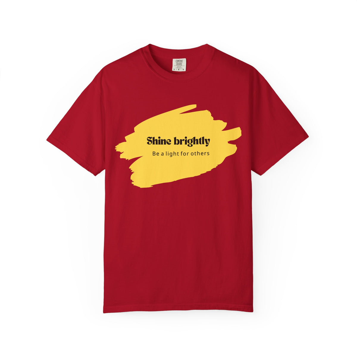 Red unisex T-shirt with yellow paint-splash graphic and “Shine brightly” text