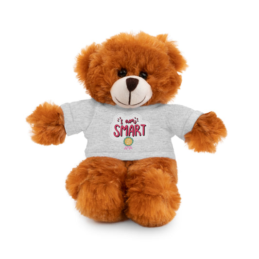 Brown teddy bear plush wearing a gray 'I am Smart' T-shirt