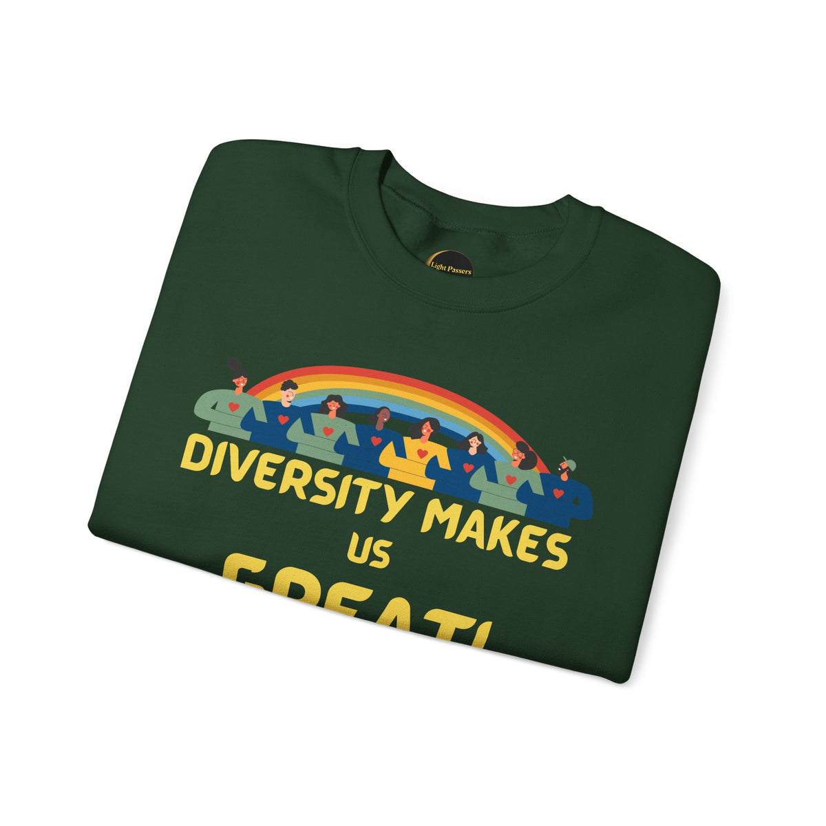 Diversity Makes Us Great Adult Unisex Crew Neck Sweatshirt — Inclusive Rainbow Crewneck Yellow or Black Letters