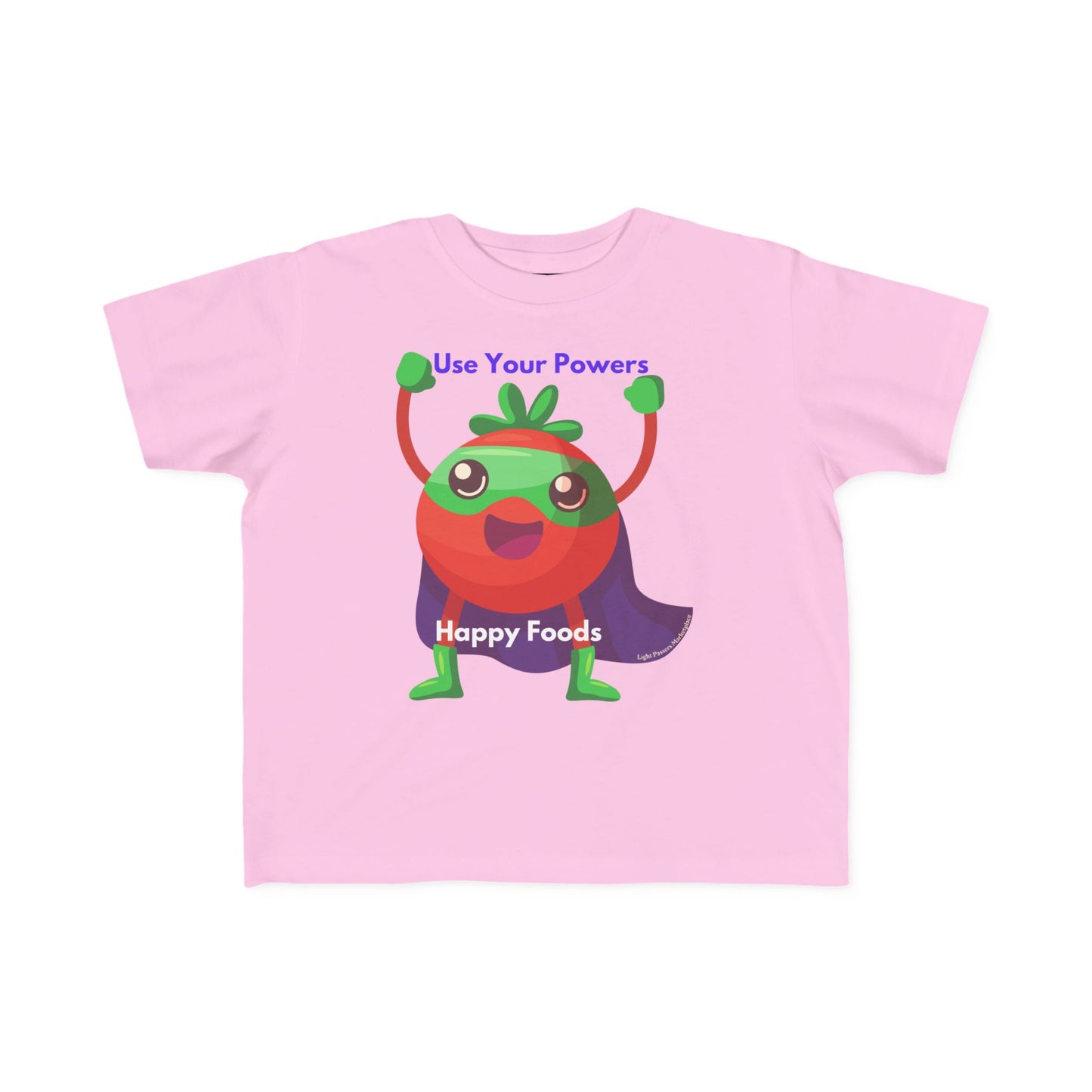 Pink children's T-shirt with cartoon superhero tomato, saying Use Your Powers and Happy Foods; ideal for sensitive skin. Health Tomato Power Toddler T-shirt.