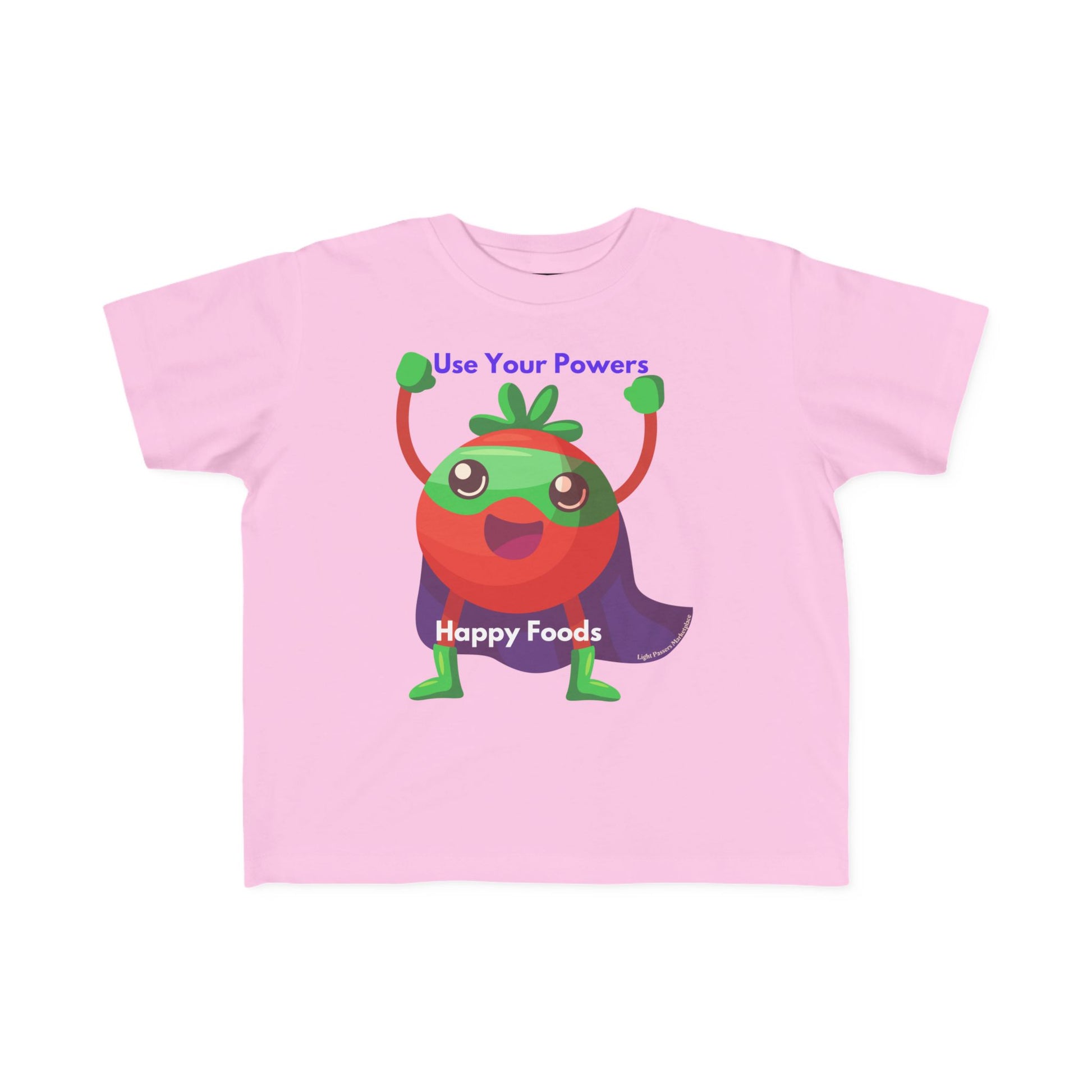 Pink children's T-shirt with cartoon superhero tomato, saying Use Your Powers and Happy Foods; ideal for sensitive skin. Health Tomato Power Toddler T-shirt.