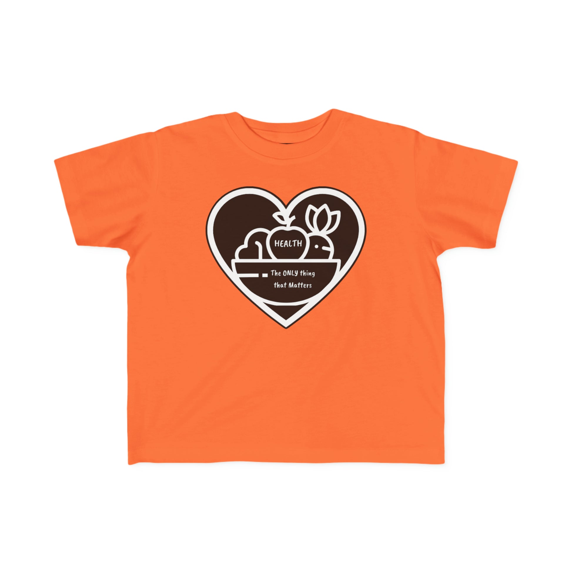 A toddler's Fruit Basket T-shirt with a heart and flower design on orange fabric. Made of 100% combed cotton, light and durable for sensitive skin.