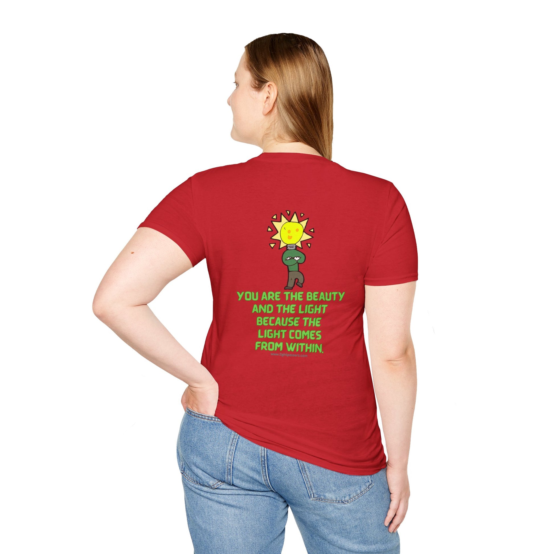 Unisex Beauty and the Light tee BACK: A person in jeans wears a red shirt. No side seams for comfort, tape on shoulders for durability. 100% cotton, classic fit.