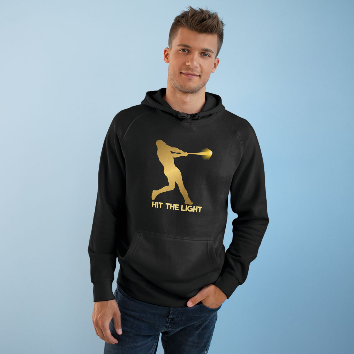Adult Unisex Baseball Hoodie — 'Hit the Light' Male Batter Silhouette Pullover