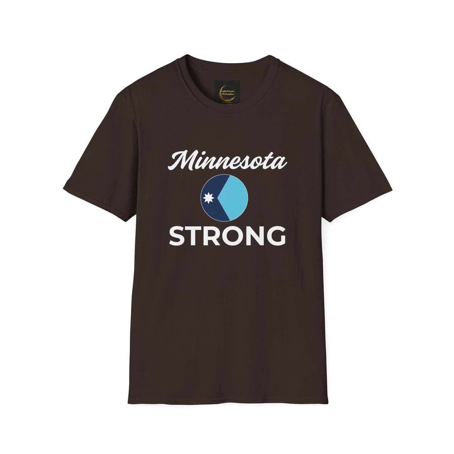 Dark crew-neck T-shirt reads Minnesota Strong with blue circle and star, conveying a message of resilience and democracy from Light Passers Marketplace.