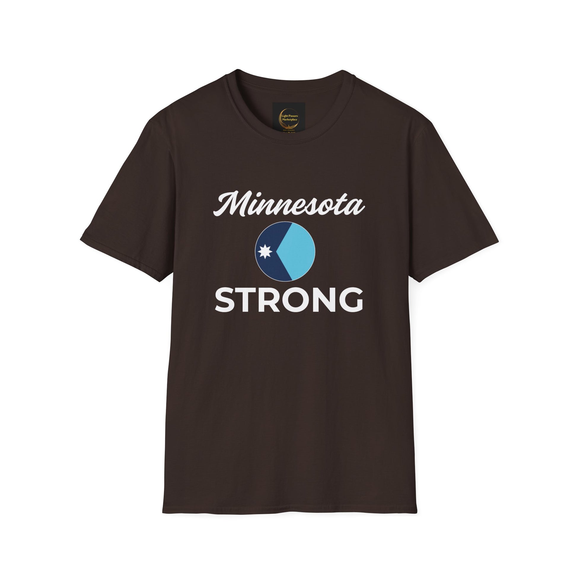 Dark crew-neck T-shirt reads Minnesota Strong with blue circle and star, conveying a message of resilience and democracy from Light Passers Marketplace.