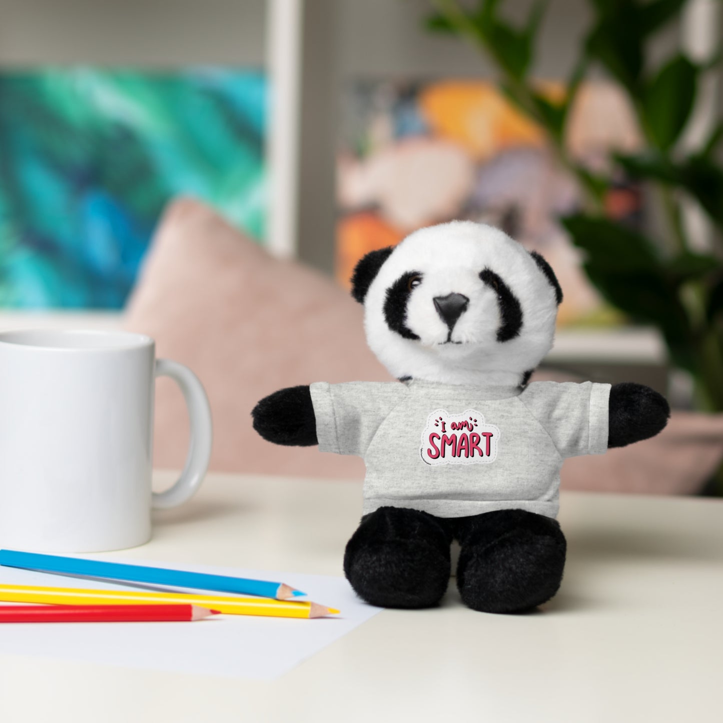 Stuffed panda from Cool Stuff Stuffies, featuring 'I am Smart' on a removable T-shirt. Part of a 6-animal educational plushie set.