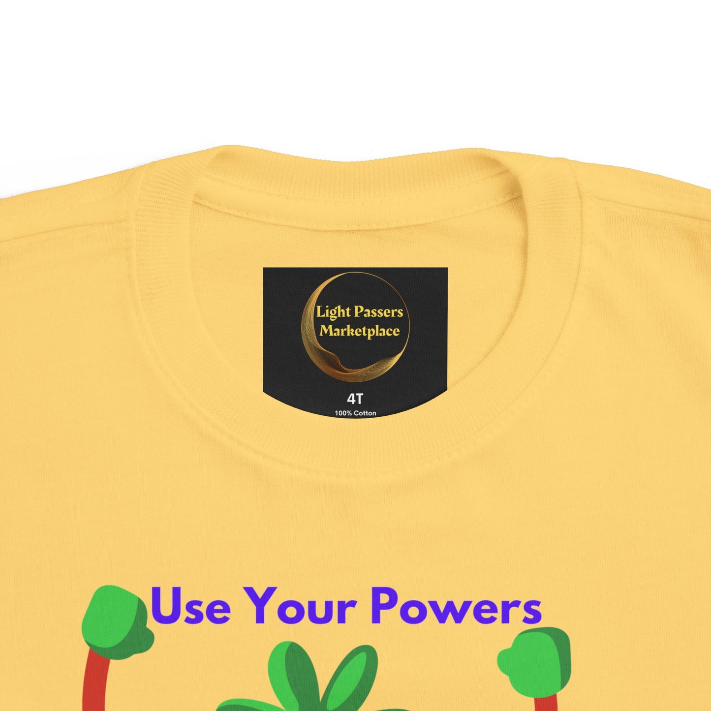Health Tomato Power Toddler T-shirt, showing a Use Your Powers graphic and neck label, perfect for sensitive skin with soft, durable cotton.