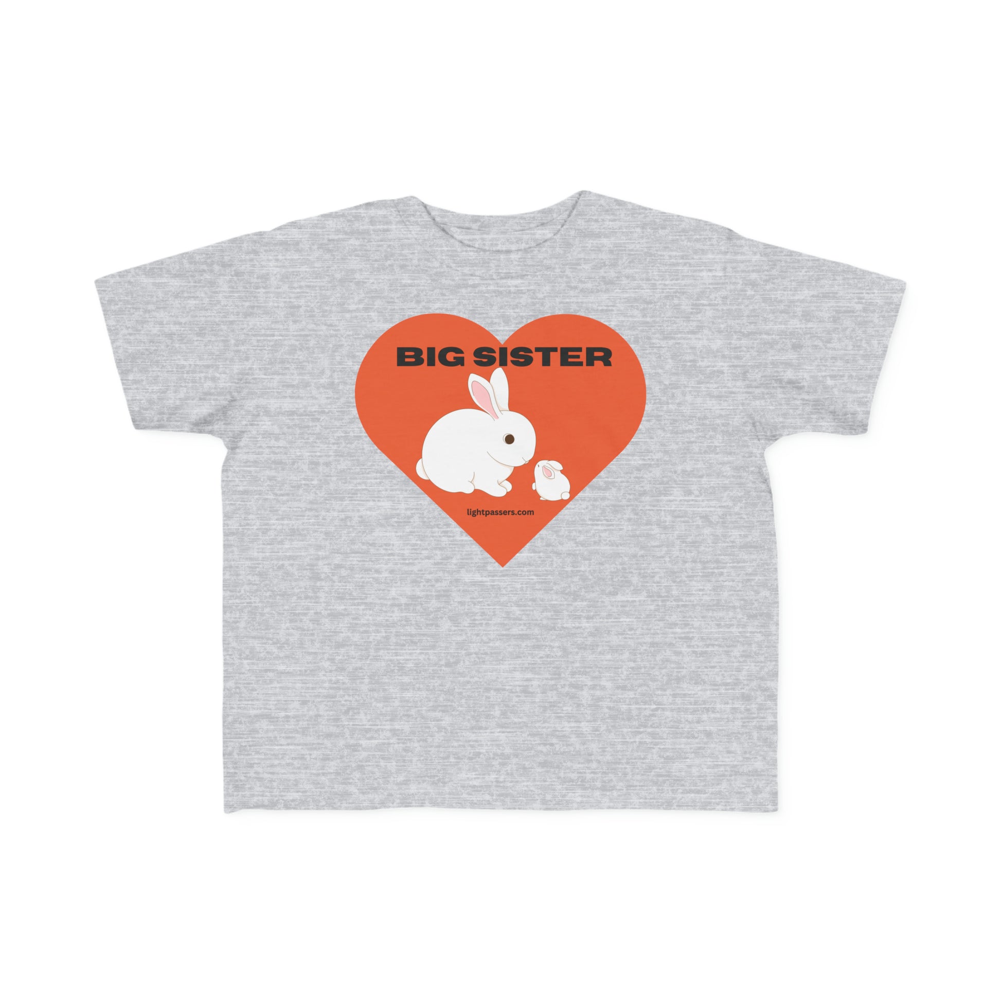 A grey toddler t-shirt featuring a rabbit and heart design, made of 100% combed cotton for sensitive skin, with a durable print and tear-away label.