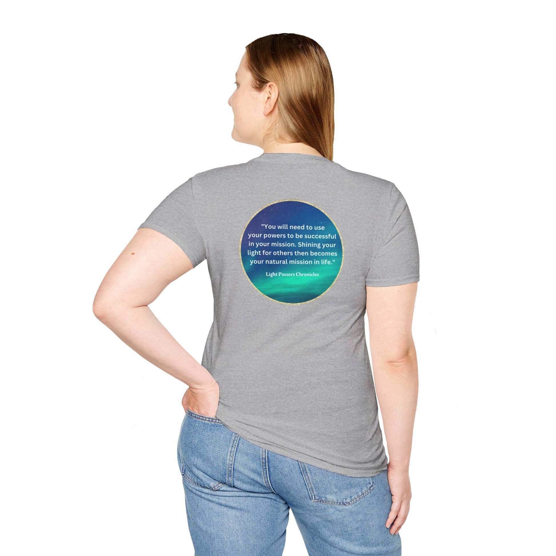 Unisex heavy cotton tee with a turquoise circle design on the back. Smooth surface for vivid printing, no side seams, tape on shoulders for durability. Classic fit, 100% cotton.