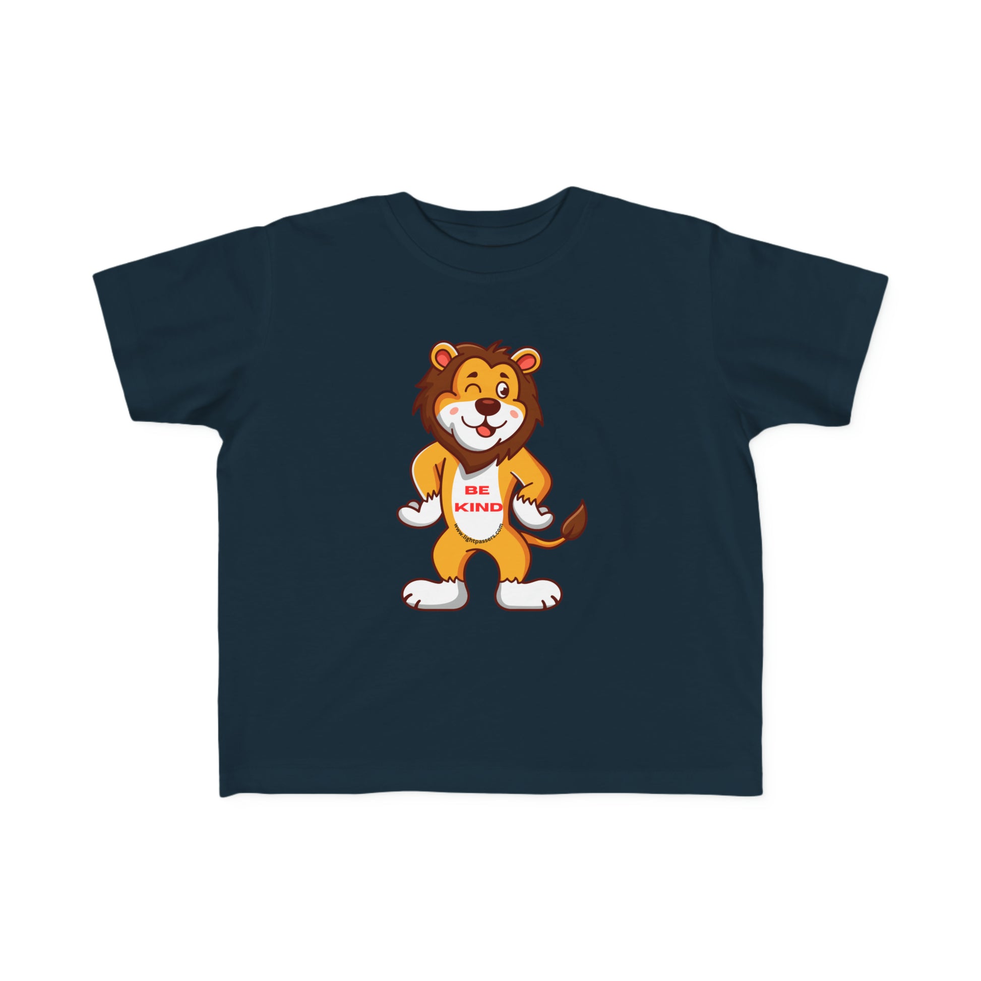 A toddler's Be Kind Lion T-shirt with a cartoon lion design, made of soft 100% combed cotton. Durable print, light fabric, tear-away label, classic fit, true to size.