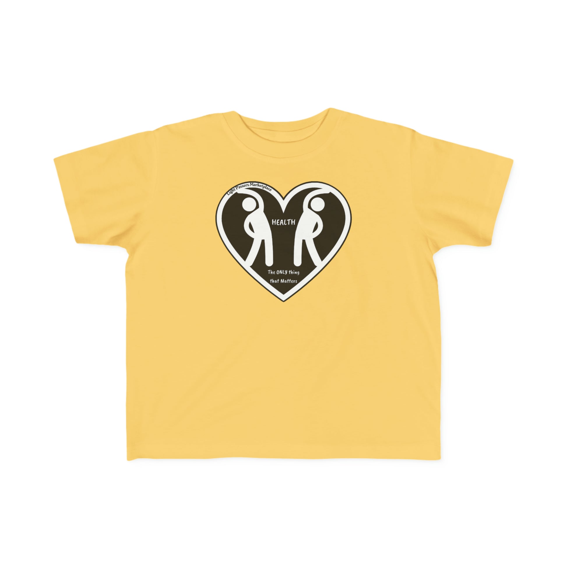 A yellow toddler T-shirt featuring a heart design with two people, made of soft 100% combed cotton for sensitive skin. Durable print, tear-away label, and a classic fit.