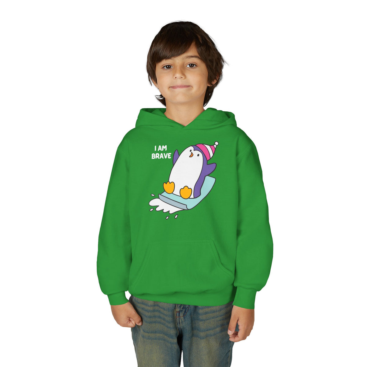 Brave Penguin Youth Hoodie – Cute Sledding Penguin "I Am Brave" Kids Sweatshirt