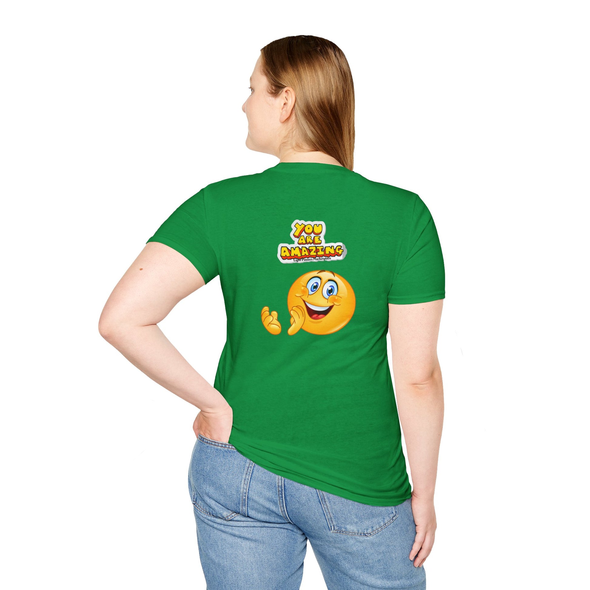 A soft-style unisex t-shirt featuring a woman in a green shirt. Made of 100% ring-spun cotton, lightweight and durable with twill tape shoulders and ribbed collar. Ethically sourced and Oeko-Tex certified.