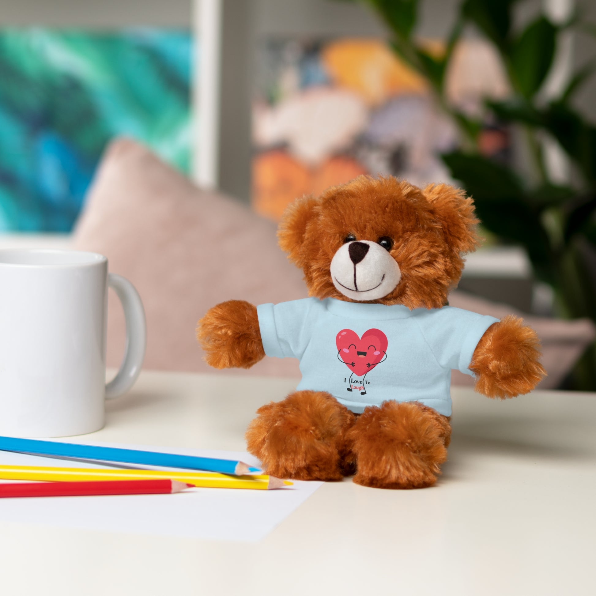 Cool Stuff Stuffies Choice of 6 Animals I Love to Laugh Heart Removable T-shirt features a teddy bear with a customizable shirt, perfect for gifting.