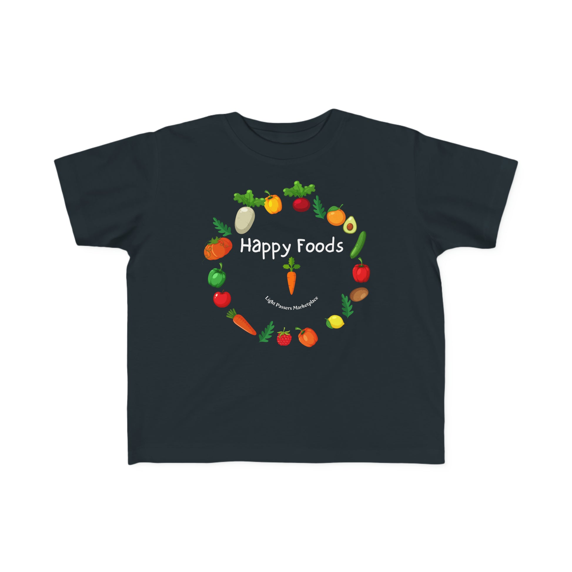 A black toddler t-shirt featuring a smiley face with vegetables, made of 100% combed cotton, with a durable print. Soft, light fabric, tear-away label, classic fit, true to size.