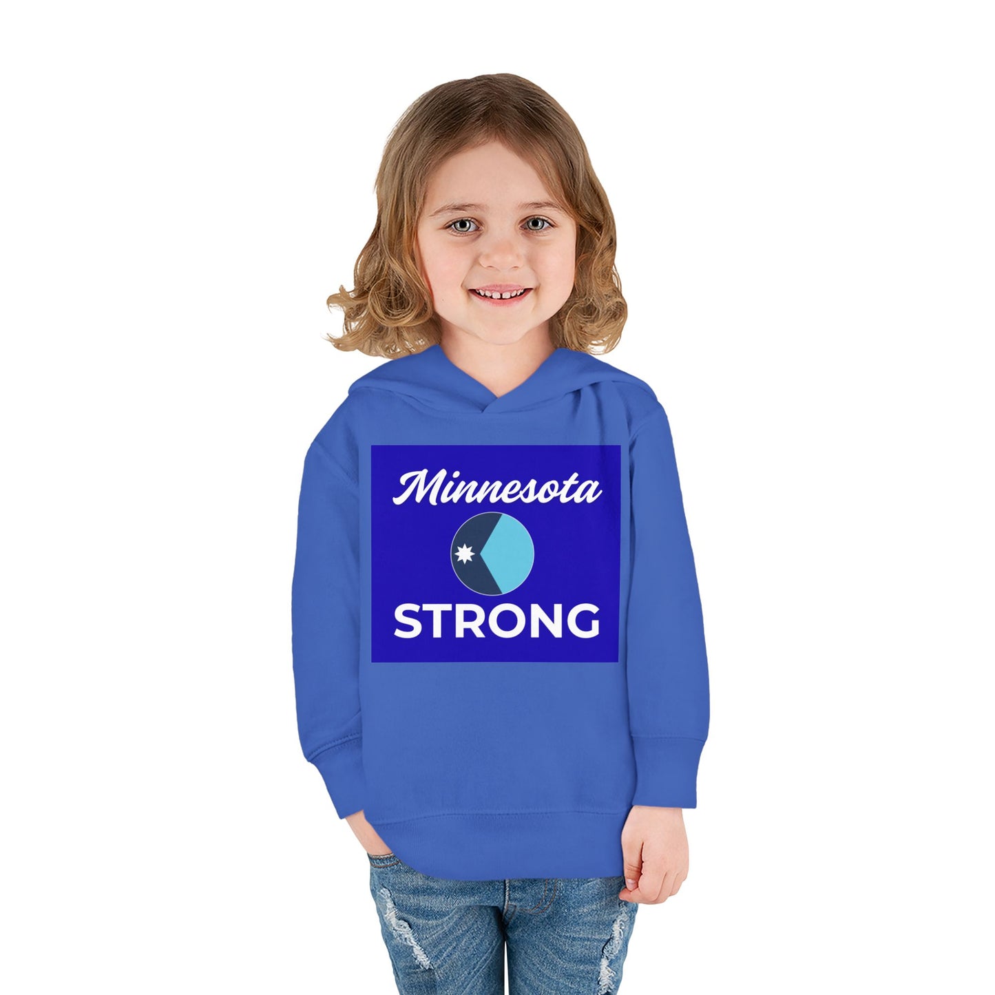 Young child wearing the Minnesota Strong blue hoodie with emblem, showcasing Minnesota pride. Cozy fleece, perfect for active toddlers.