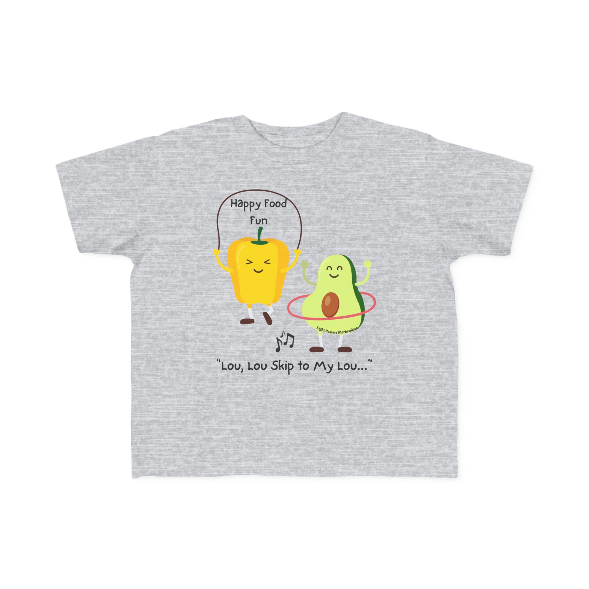 A Skip To My Lou Toddler T-shirt featuring cartoon avocado and pepper characters skipping rope, made of soft 100% combed cotton with a durable print. Ideal for sensitive skin, light fabric, tear-away label, classic fit.