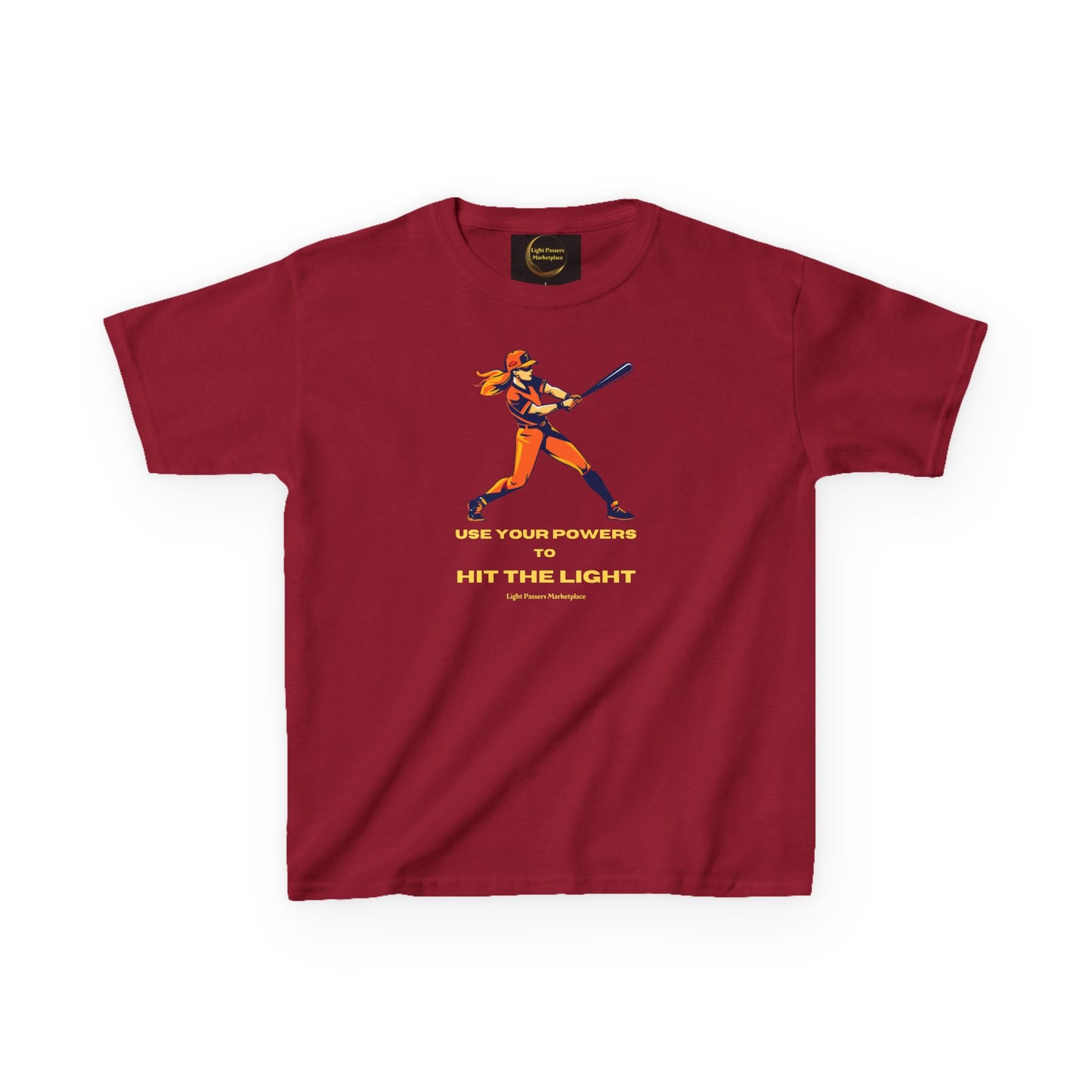 Teams Girl Hit the Light Color Image Youth T-shirt featuring a baseball player graphic and slogan, ideal for everyday wear with durable, comfortable cotton fabric.
