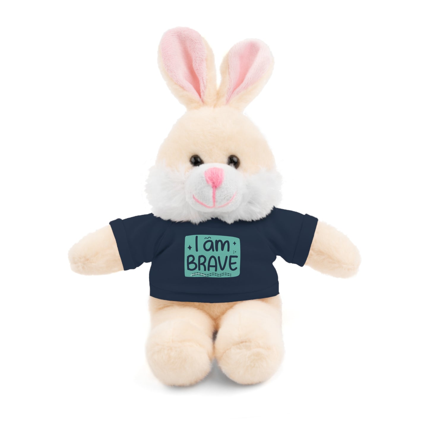Stuffed animal bunny with removable shirt, featuring I am Brave message, from Cool Stuff Stuffies. Part of a customizable, comforting toy collection.