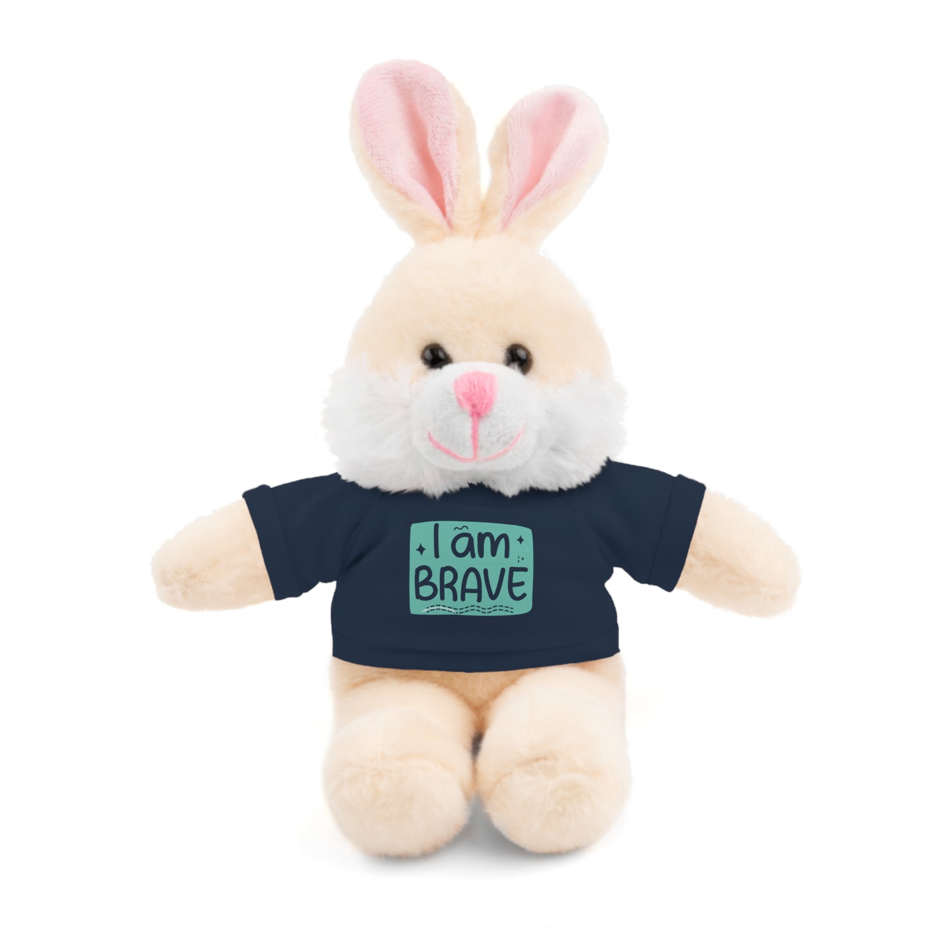 Stuffed animal bunny with removable shirt, featuring I am Brave message, from Cool Stuff Stuffies. Part of a customizable, comforting toy collection.